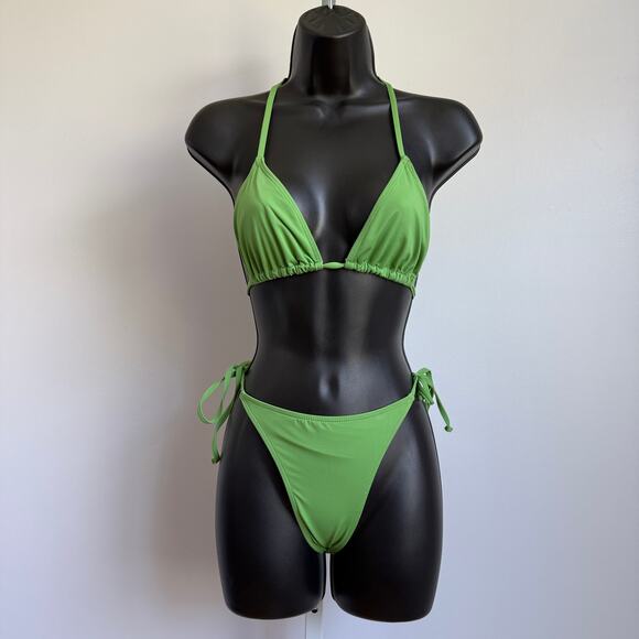 Pink Pink sz S Green Tie String‎ Bikini Swimsuit Set Y2K Micro Swim - Picture 1 of 8